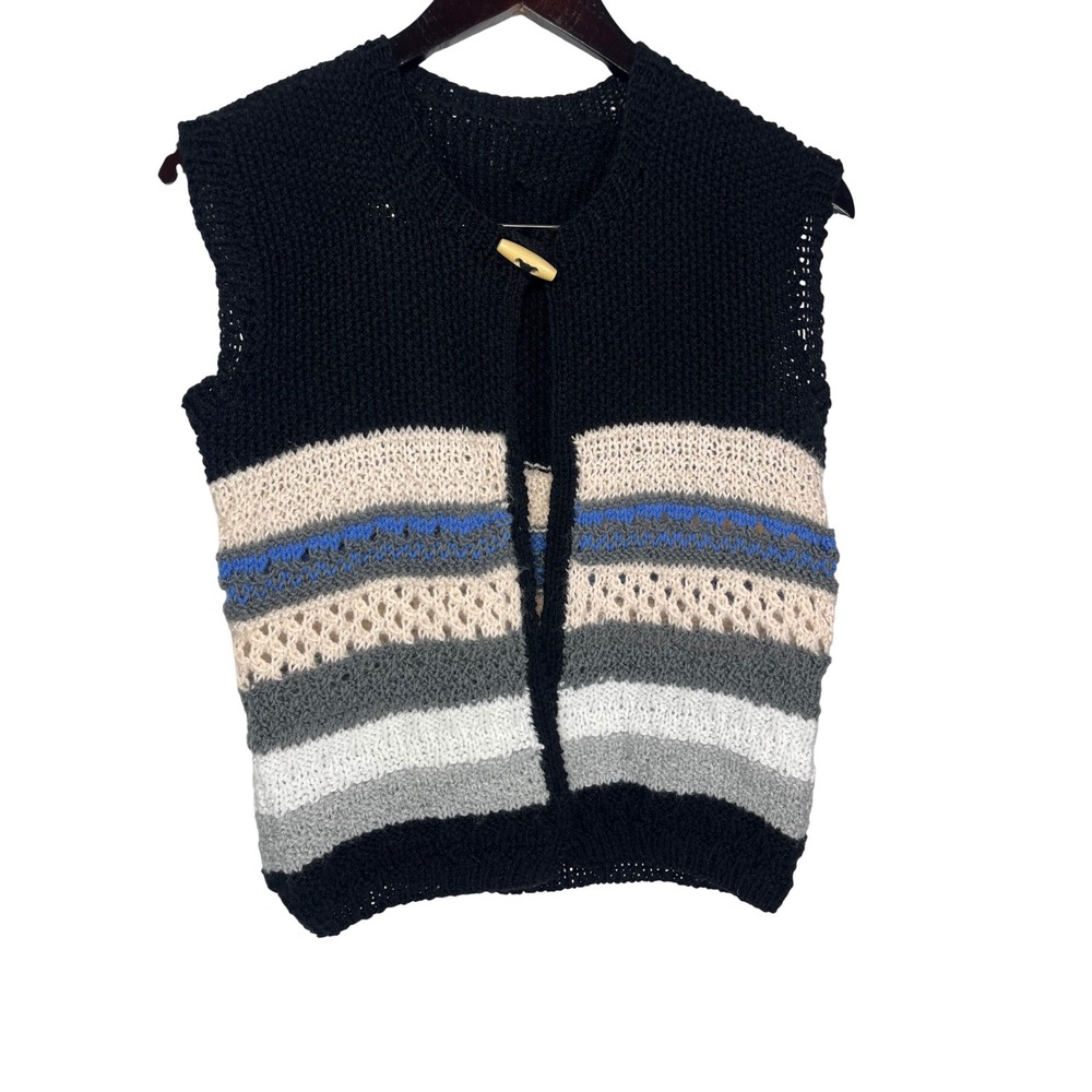 Handmade Sweater Vest Knit Striped Medium Black Toggle Button Pointelle